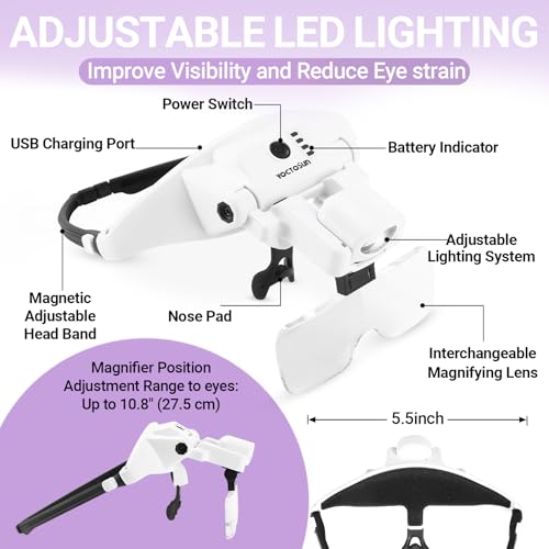 YOCTOSUN Magnifying Glass with Light,1.0X-4.0X Headband Magnifier 6 Lenses - color: White