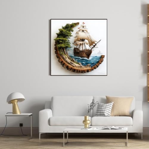KYOQFVN Sailboat Stamped Cross Stitch Kits, Ocean Sail Boat Needlepoint Counted Cross Stitch Kits for Beginners Adults, Patterns Dimensions Needlecrafts Embroidery Kits Arts and Crafts 14×14 Inch - color: SZXCHUAN-US