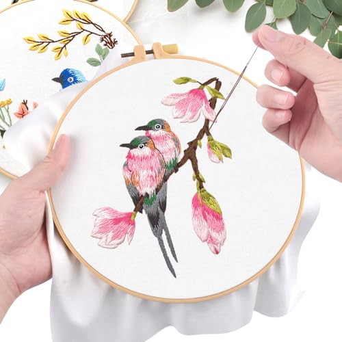 ERKOON 4 Sets Embroidery Kit for Beginners,Hummingbird and Flower Cross Stitch Set for Include Embroidery Cloth Hoops Threads for Craft Lover Hand Stitch (Flowers and Birds) - color: Flowers and Birds