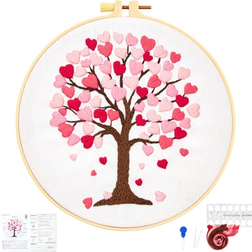 Love Heart Tree Embroidery Kits for Beginners Adults, Valentine's Day Hand Embroidery Kits, Cross Stitch Kits for Adult Anniversary Valentine's Gift, Entire Set of Embroidery Supplies & Video Tutorial - color: H2067