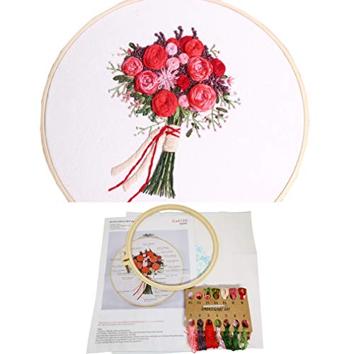 3 Sets Embroidery Starter Kit with Pattern and Instructions,Cross Stitch Beginner Kits with Frame,3 Plastic Embroidery Hoops,3 Embroidery Clothes and Color Threads (3 X Flower Pattern) - color: 3 X flower pattern