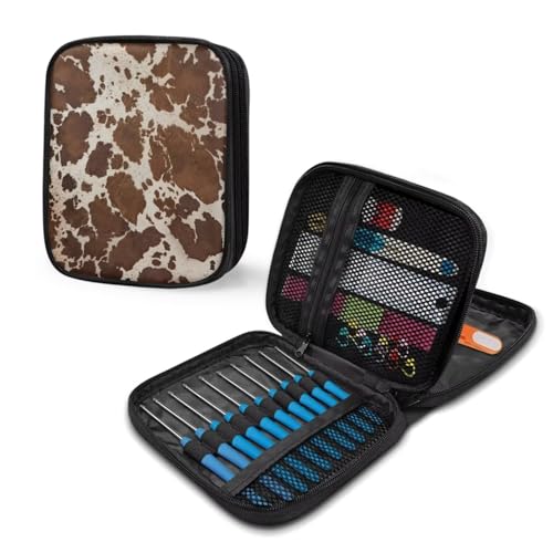 Kathyboom Brown Cowhide Empty Crochet Hook Case Crochet Hook Organizer with Slots Crochet Needles Bag for Crochet Lovers, Crochet Kit for Beginners - color: Brown Cowhide