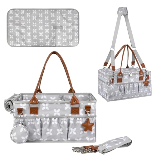 Moteph Diaper Caddy with Changing Mat, Large Baby Diaper Caddy Organizer with Lid, Portable Organizer Basket for Nursery and Car, Shoulder Strap and Pacifier Organizer - style: Deluxe Set