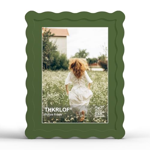 6x8 Picture Frame with Mat for 5x7, Wavy Edge Wooden Real Glass Photo Frame for Tabletop and Wall Hanging, Green, 1 Pack - color: Green, size: 6x8 in