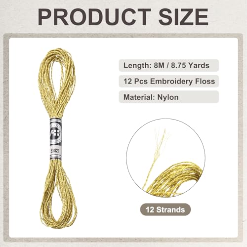 PATIKIL 12 Skeins Embroidery Floss, Metallic Embroidery Thread Nylon Threads Bracelets String for Cross-Stitch Hand Embroidery, Light Gold - color: Light Gold