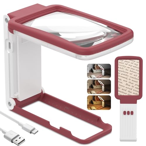 15X Magnifying Glass with Light and Stand, Real Glass Lens, Rechargeable Foldable Handheld Magnifier, 3 Color Modes Dimmable Lighted Page Magnifier for Reading Fine Prints, Seniors - Red White - color: Red White