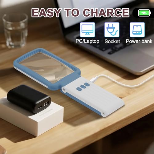 15X Magnifying Glass with Light and Stand, Real Glass Lens, Rechargeable Foldable Handheld Magnifier, 3 Color Modes Dimmable Lighted Page Magnifier for Reading Fine Prints, Seniors - Blue White - color: Blue White