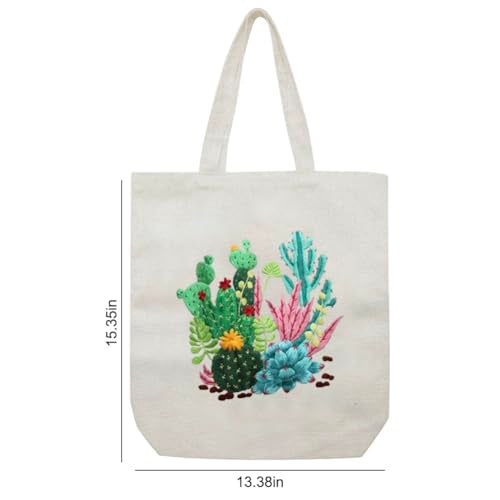 KABAKE Canvas Tote Bag Embroidery Kit for Beginners, Arts and DIY Crafts Starter Kit, Includes Stamped Bag, Threads, Tools (Beige With Cactus) - color: Beige Bag with Cactus