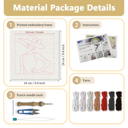 DOODLREAM Elegant Lady Needle Kit for Beginner, 9.4"x 9.4" Fashion Hat Punch Stitching Craft Set, DIY Embroidery Starter with Printed Frame, Instruction, Threader, Yarn, Pinch Needle - color: Elegant Lady