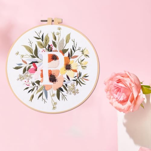 IUHUI Embroidery Kit for Beginners Adults - 26 Floral Letters Easy Patterns, DIY Hand Stitching Embroidery Set with Hoop (Flower and Grass Letter P) - color: Flower and Grass Letter P