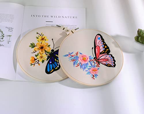 Konrisa Embroidery Starter Kits with Butterfly Flower Pattern, Stamped Cross Stitch Kits for Beginners Adults DIY Sewing Include Embroidery Hoop Embroidery Fabric Threads and Needles,Set of 2 - color: Butterfly01