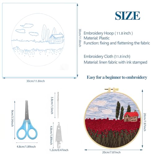 Zhenqing Red Flower Field Embroidery Kit for Beginners, Country Landscape Needlework Kit with Pre-Printed Fabric, Hoop, Threads & Tools, Cottage Wall Decor (S-CX0207) - color: Red Flower Field