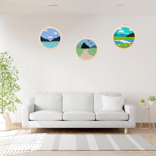 Cheloment 3 Sets Punch Needle Kits for Beginners,Includes Needles,Pattern Fabric,Yarns and Hoops, Needle Punch Kits for Adults&Kids,Easy to Learn,Stress Relief,Great for Home Decor - size: Snowy Mountain & River & Lane