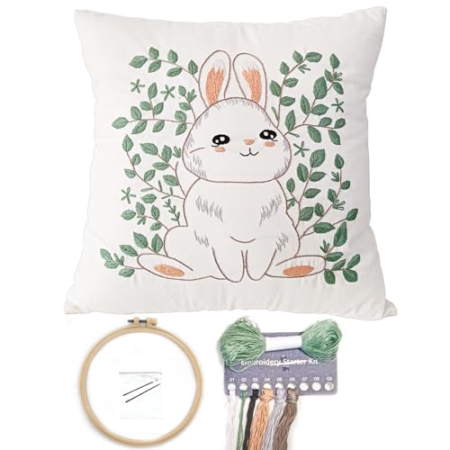 FONNUY Easter Throw Pillow Case Embroidery Kit, Eucalyptus Leaves Happy Rabbit Bunny Stamped Pattern Kits for Audlt Beginners, Hand Works Crafts Throw Pillow Cover, 18 x 18'' (Rabbit 01) - color: Rabbit 01