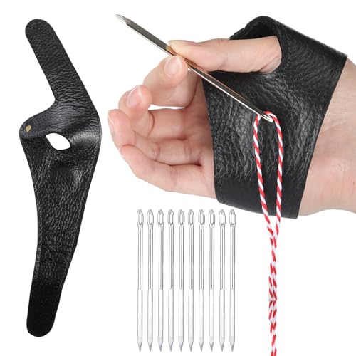 FineCheer Adjustable Leather Palm Thimble with 10 Pcs 3.7 Inch Sail Needles