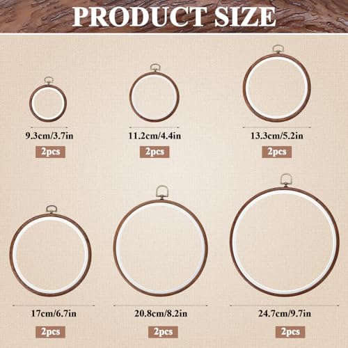 12 Pcs Embroidery Hoops Kits 6 Size Imitated Wood Embroidery Frames DIY Cross Stitch Circle Rubber Hoops Embroidery Needlepoint Supplies for Hand Sewing & Craft Projects Wall Display, 3.7In to 9.7In