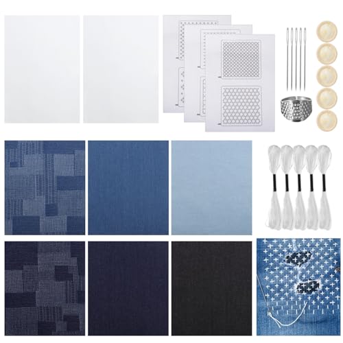 DORMIYA Sashiko Kit for Beginners, Water-Soluble Sashiko Thread and Needles Set, Pure Fabric Sashiko Stencil Kit, Versatile Sashiko Supplies, Embroidery Transfer Templates for DIY Crafts - color: Style 2