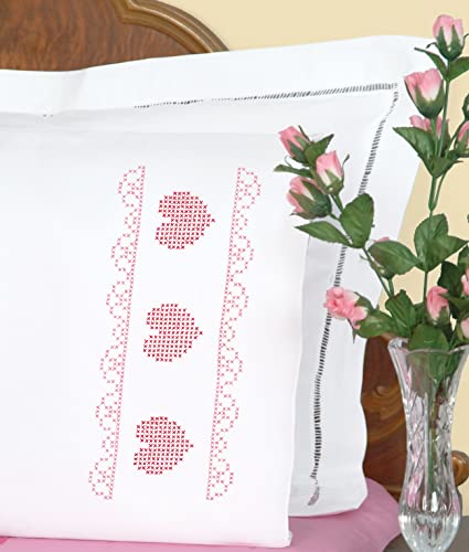 Jack Dempsey Needle Art - Cross-Stitch Hearts & Lace Perle Edge Pillowcases, white