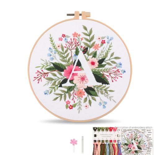 Harimau Letter A Pattern Embroidery Kit for Adult Beginners, Complete Starter Pack with 1 Hoop, Needles, Instruction Guide & Embroidery Stitch Video Tutorials - color: White A