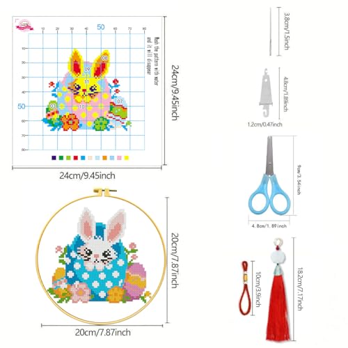 Zhenging Easter Cross Stitch Kit with 4 Bunny & EggPatterns -9.45x9.45 Inch Hoop, Pre-Printed Fabric,Threads, Tools -DlY Easter Craft Gift for Adults, HomeDecor - color: 69461
