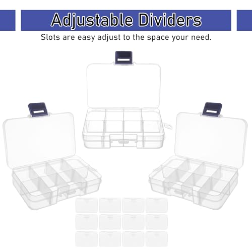 12 Pack 8 Grids Small Plastic Divider Organizer Box, Clear Bead Storage Container with Removable Dividers, Grid Compartment for Small Parts, Screw and Craft, 4.1"x 2.6"x 0.9"