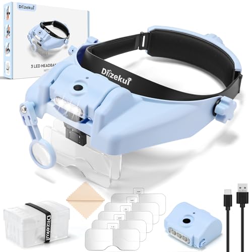 Dilzekui Magnifying Glasses for Close Work 1X-14X Magnifier Headset w/Light - color: Light Blue Magnifying Glasses With Light