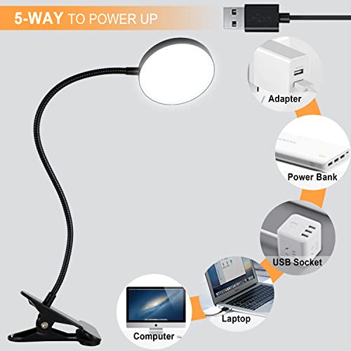 LiFMIRA Clip on Lamp, 8W 66 LED Bed Light for Reading, 5 Color Modes, 10 Brightness Levels, Eye Care, Flexible Gooseneck, Metal Clamp, USB Powered, Modern Design, Black - color: Matte Black