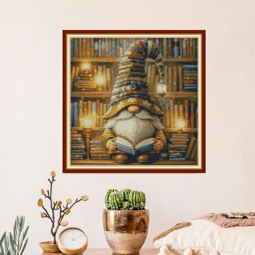 Book Gnome Cross Stitch Kits, Book Gnome Cross Stitch Patterns,Dimensions Cross Stitch Kits Embroidery Kit Arts and Crafts for Beginners 13.7x13.7 inch - color: T024