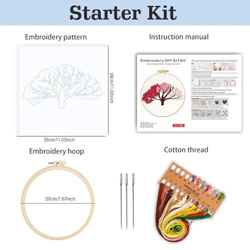 spicssa Embroidery Kit for Beginners, Hand Needlepoint Kits for Adults with Pre-Stamped Patterns, 7.8-Inch Hoop, Threads & Needles, Step by Step Instructions - color: Dream Tree