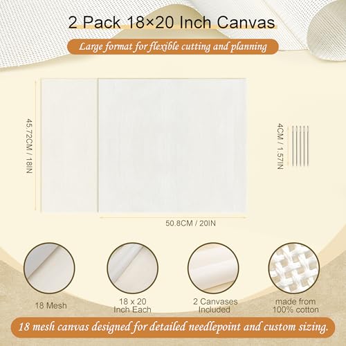 Kaitiaki 18 Mesh Needlepoint Canvas, 2 Pack 20 x 18 Inch Rolled Packaging with 5 Needles, 100% Cotton 18CT Blank Canvas Sheets, No-Fold Refill Needlepoint Fabric Set for DIY Embroidery Crafts - color: White 18mesh-20x18 in