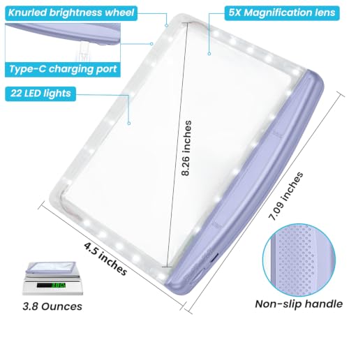 Rechargeable 5X Magnifying Glass for Reading, Large Bright Full Page Magnifier with Light, Handheld LED Dimmable Lighted, Lightweight Book Magnifier for Reading Small Prints Seniors - Purple - color: Purple