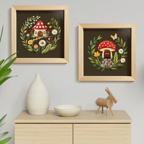 ERKOON Embroidery Kit for Beginners, 2 Set Flower Cross Stitch Set Include Embroidery Cloth Hoops Threads for Craft Lover Hand Stitch with Embroidery Skill Techniques (Mushroom) - color: Mushroom