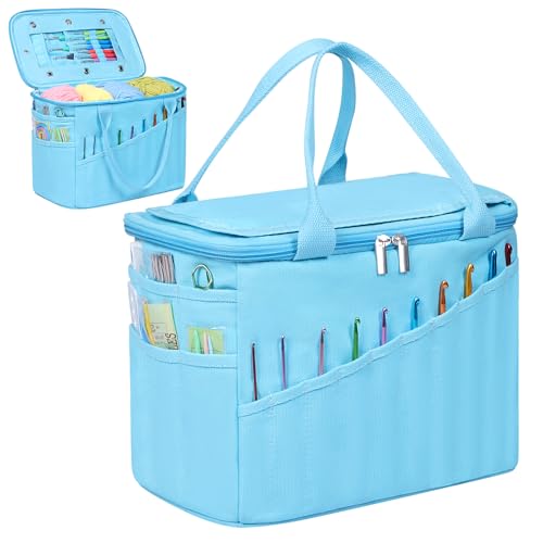 LOVEGRASS Large Crochet Yarn Knitting Bag with Handles, Blue