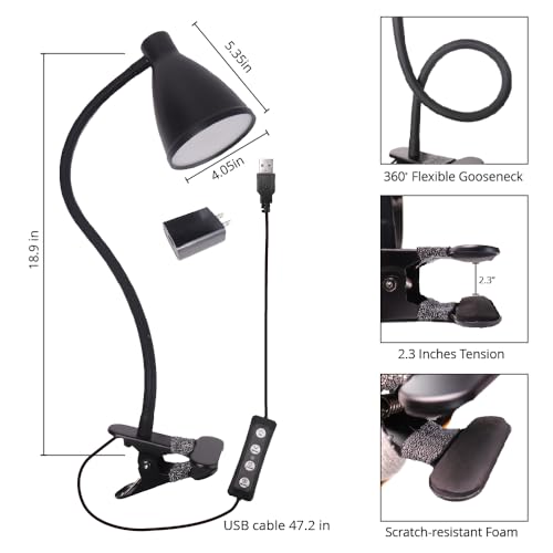 GlowVibe Desk Lamp 3 Color Modes 10 Brightness Dimmer Reading Light 10W 40 LED Clamp Lamp 360° Flexible Neck Clip on Light for Bedroom and Office Home Lighting, AC Adapter Include - color: Black