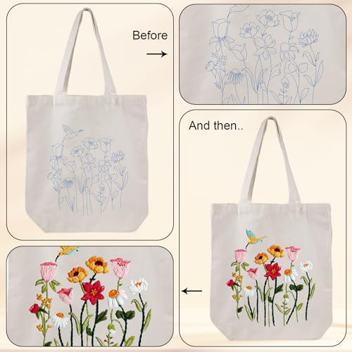 Louise Maelys Canvas Tote Bag Embroidery Kit, Hummingbird Floral Pattern - color: florals
