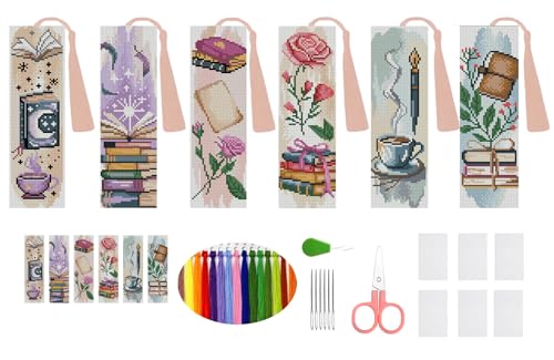 6PCS Cross Stitch Bookmark Kit for Adult Beginners flowers Cross Stitch Kits with Backing Felt Floss Instruction DIY Stamped Embroidery Bookmark Kit for Starter Adults Book Lovers (2.3x7.8 inch) - color: SQY004
