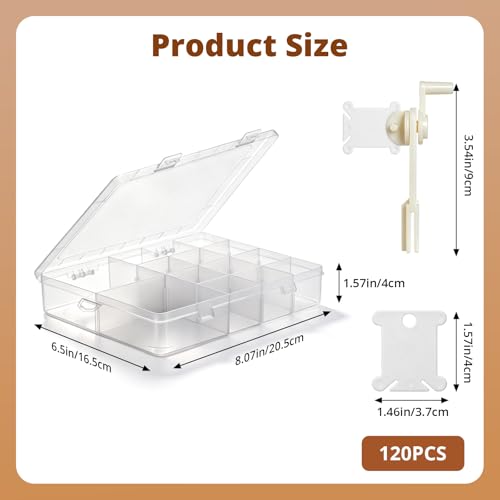 Embroidery Floss Organizer, Cross Stitch Thread Storage Box with Removable 14 Compartments Embroidery Thread Organizer Includes 120 Plastic Bobbins, Stickers, Bobbin Winder for DIY Sewing Crafts