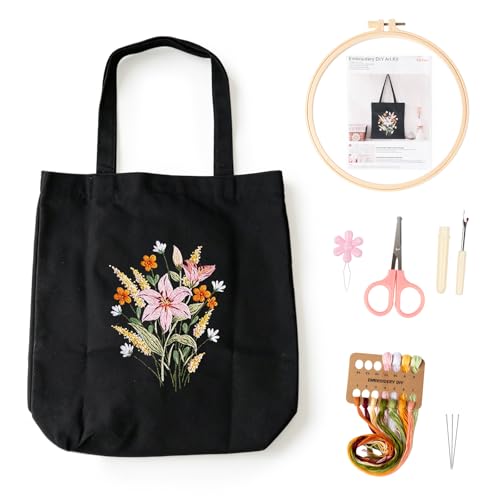 MAKHOT Canvas Tote Bag Embroidery Kit for Beginners,Cross Stitch Kits for Adults,Embroidery Bag Women(Black) - color: Black