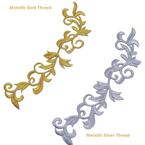 6 Pieces Metallic Leaves Embroidered Iron on Patch Flower Vine Border Lace Applique Long Scroll Motif for Dress Pillow Sewing Accessories Embellishment (Silver) - color: Silver