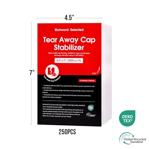 BAI Tear Away Cap Backing 3.2oz for Hat Embroidery, 4.5"x7" 250 Sheets - color: 4.5"x 7" 250 sheets