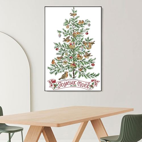 Rosyfoxes Cross Stitch Kits Stamped Full Range of Embroidery Starter Kits for Adult DIY 14CT 2 Strands -Printed kit The Christmas Tree with Birds (Printed) 18.1×25.2inches - color: The Christmas Tree With Birds(printed)18.1×25.2inches