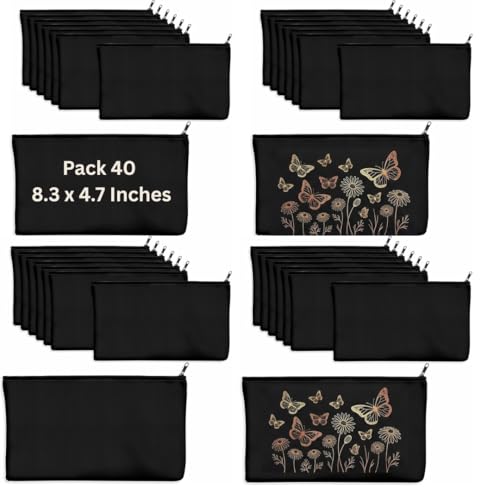 40pcs Black canvas Zipper Pouch Makeup Bags Bulk Pencil Case, Smooth Zipper - color: Black, size: 8.3x4.7