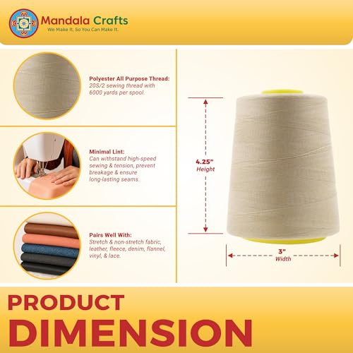 Mandala Crafts 20S/2 Cream Polyester 4 Pack of Serger Threads Cones - color: Cream, size: Pack of 4 20S/2 24000 YDs