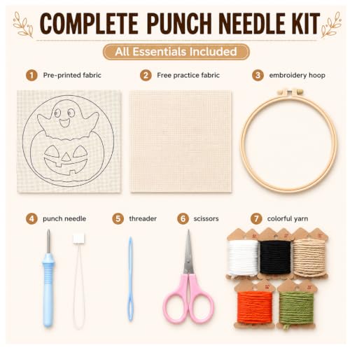 Punch Needle Kit for Beginners Adults-Pumpkin Ghost, with Embroidery Hoop - color: Punch Needle kit-Pumpkin Ghost