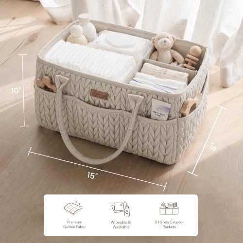 Konssy Baby Diaper Caddy Organizer, Braided Quilted Design with PU Handles - color: Snow Gray