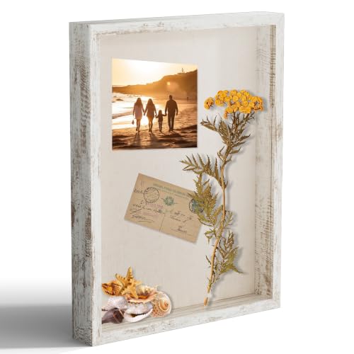 12x16 Large Shadow Box Picture Frame Display Case with Soft Linen Back, Distressed White Wooden Memory Shadow Box Frame with Tempered Glass Cover for Wall Display - color: Distressed White, size: 12x16