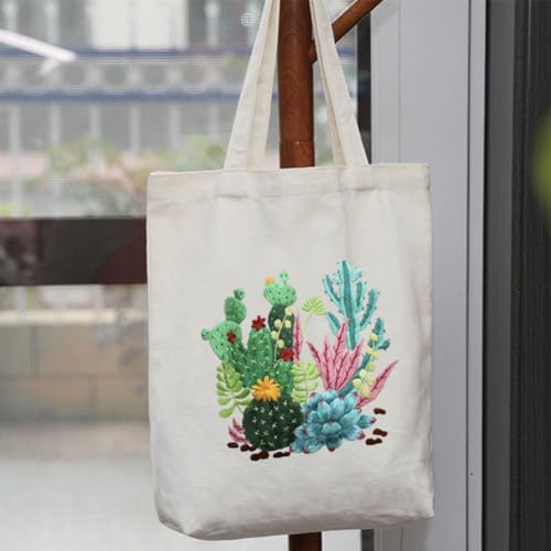 KABAKE Canvas Tote Bag Embroidery Kit for Beginners, Arts and DIY Crafts Starter Kit, Includes Stamped Bag, Threads, Tools (Beige With Cactus) - color: Beige Bag with Cactus