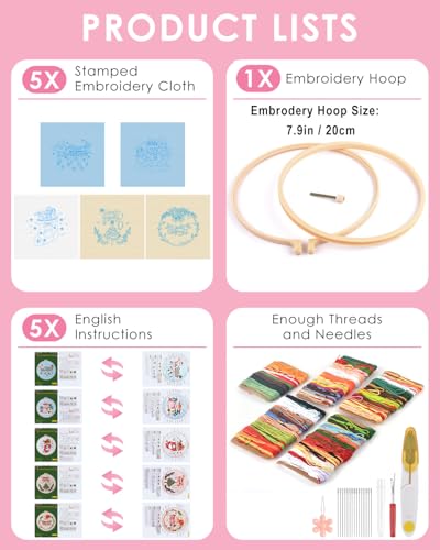 TINDTOP Christmas Embroidery Kit for Adult, 5 Pack Embroidery DIY Starter Kit, with Stamped Patterns, Hoop, Tools, Colorful Threads with Needles, Instructions - color: Christmas 5 Pack