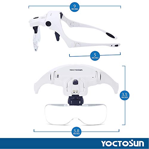 YOCTOSUN Magnifying Glasses with Light, LED Head Magnifier with 5 Lenses, Headband, Storage Case, Hands Free Lighted Head Magnifying Visor for Close Work Hobby Crafts - style: Head Magnifier with 2 LED Lights & Storage Case