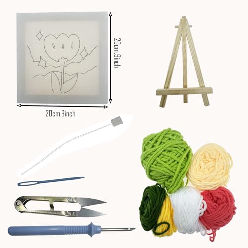 Allazone Punch Needle Embroidery Kit, Square Frame with Green and Pink Tulip Pattern, Includes Frame, Stand, Punch Needle, Scissors, Yarns, Adults Beginner Friendly - color: Green and White-2